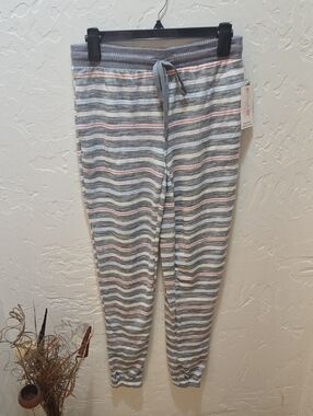 3/$10 Secret Treasures Gray Striped Joggers with Pink and Cream Accents